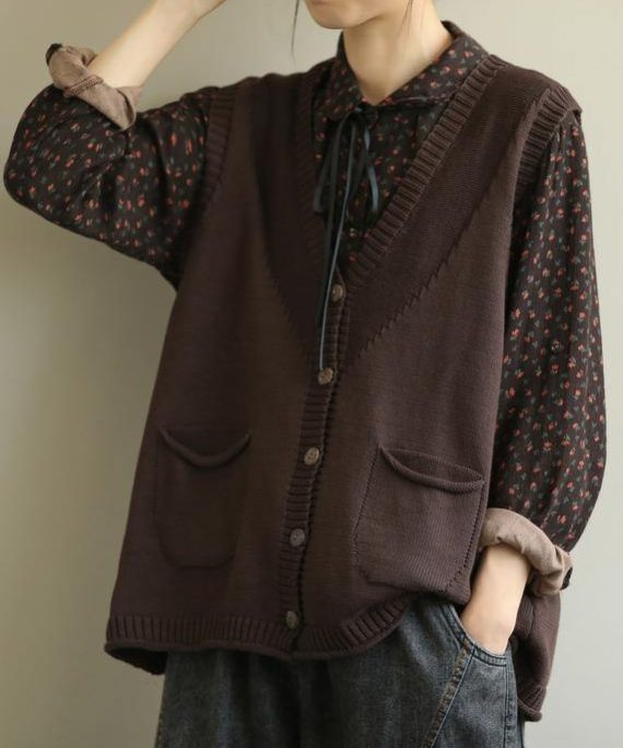 Aesthetic chocolate casual v neck sleeveless knit outwear