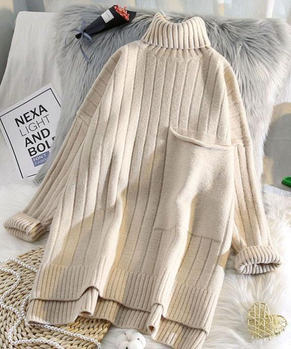 Aesthetic high neck beige knit sweat tops spring fashion low high designknit blouse