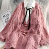Aesthetic knitwear Loose fitting pink v neck pockets knit cardigans