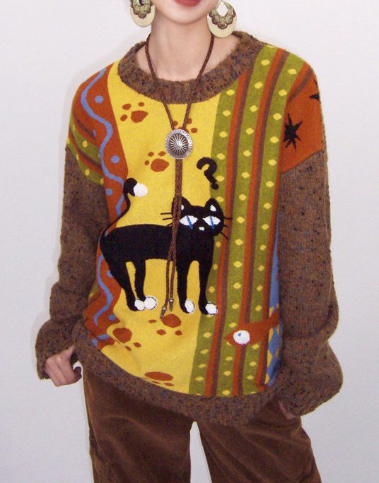 American Style Brown Embroidered Patchwork Knit Sweater Tops Spring