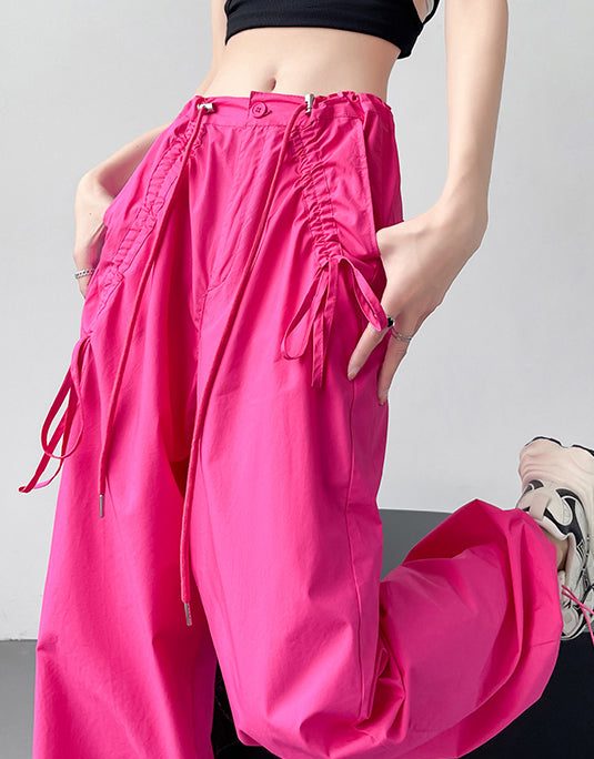 American Style Casual Rose Pockets Drawstring Cotton Pants Spring