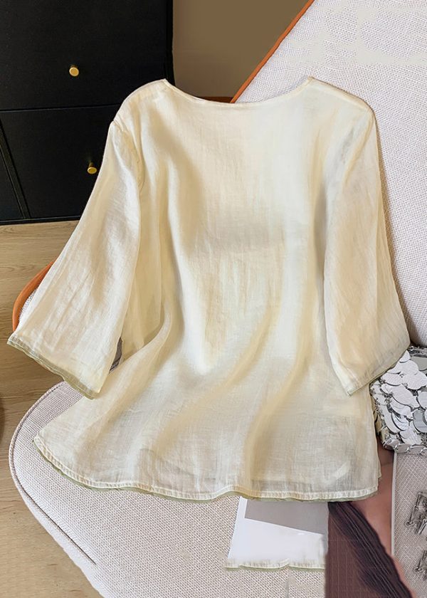 Apricot Button Tasseled Cotton Shirt Embroidered Spring - Image 3