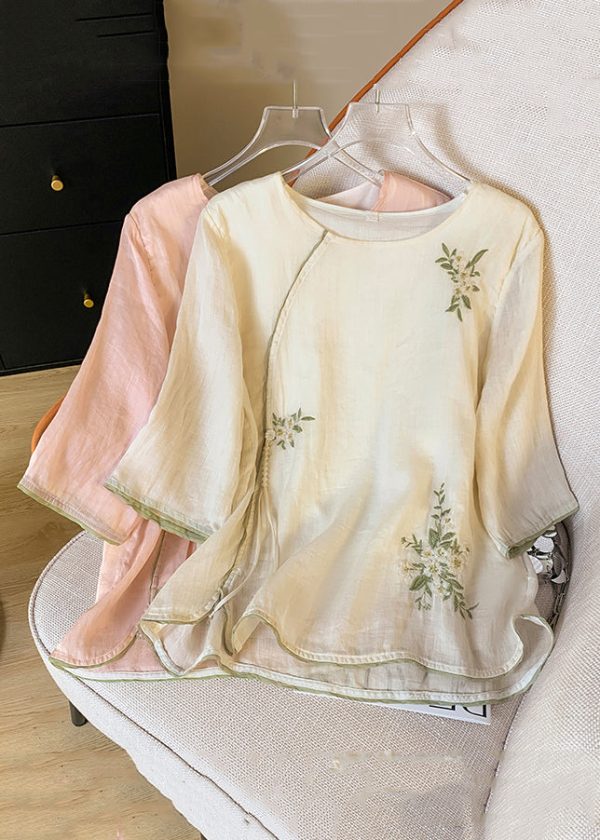Apricot Button Tasseled Cotton Shirt Embroidered Spring - Image 4