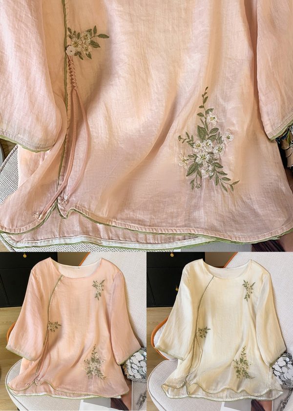 Apricot Button Tasseled Cotton Shirt Embroidered Spring - Image 5