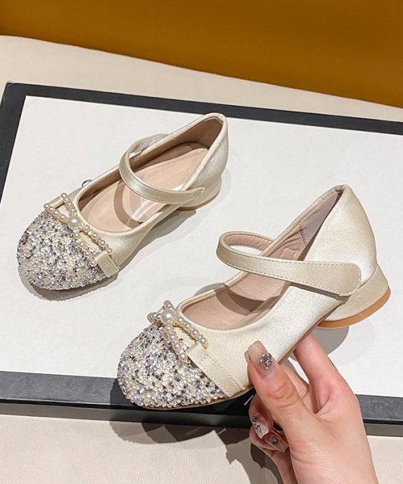 Apricot Kids Girls Nail Bead Zircon Buckle Strap Princess Flat Feet Shoes