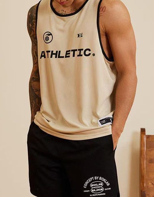 Apricot Letter Print Loose Cotton Men Tank O Neck Sleeveless