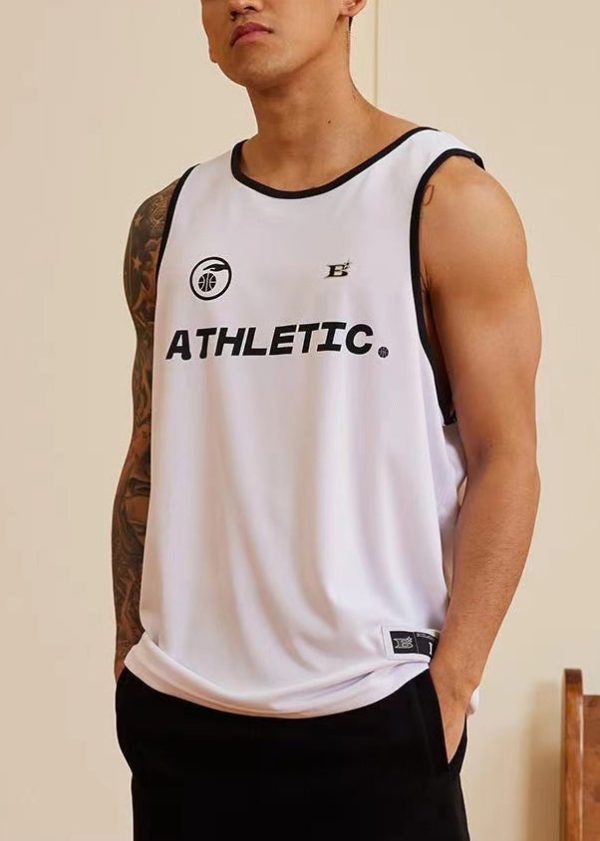 Apricot Letter Print Loose Cotton Men Tank O Neck Sleeveless - Image 2