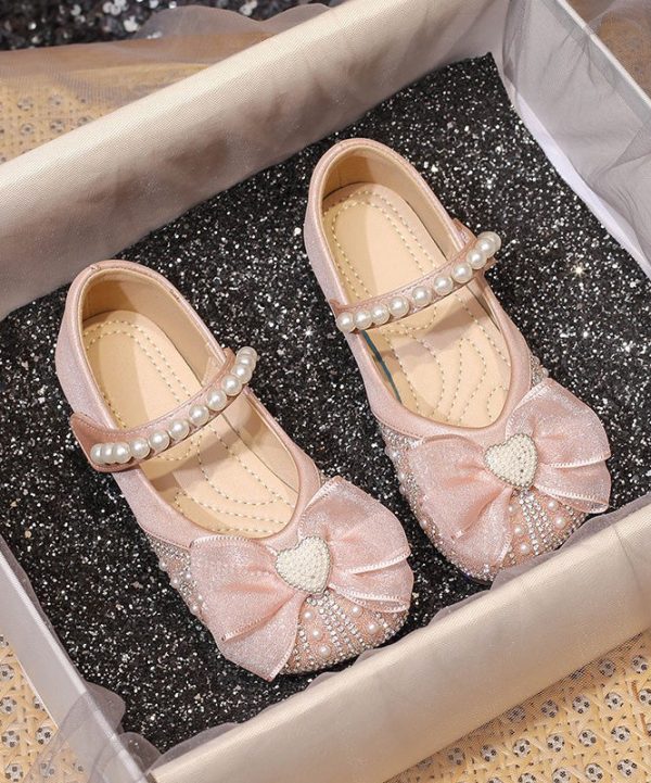 Apricot Nail Bead Zircon Buckle Strap Kids Girls Flat Feet Shoes - Image 2