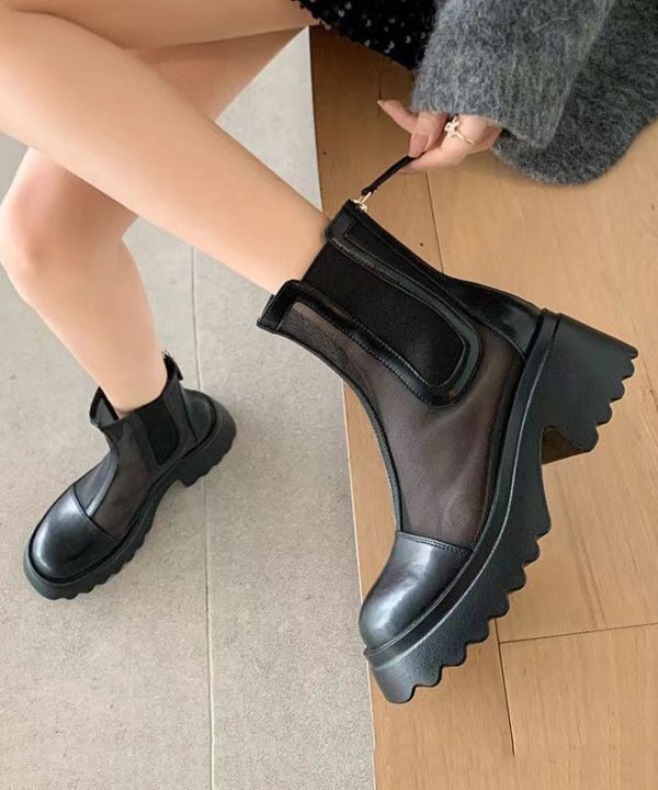 Apricot Stylish Hollow Out Breathable Tulle Splicing Chunky Boots - Image 2