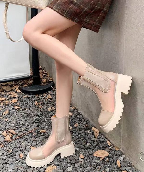 Apricot Stylish Hollow Out Breathable Tulle Splicing Chunky Boots - Image 3