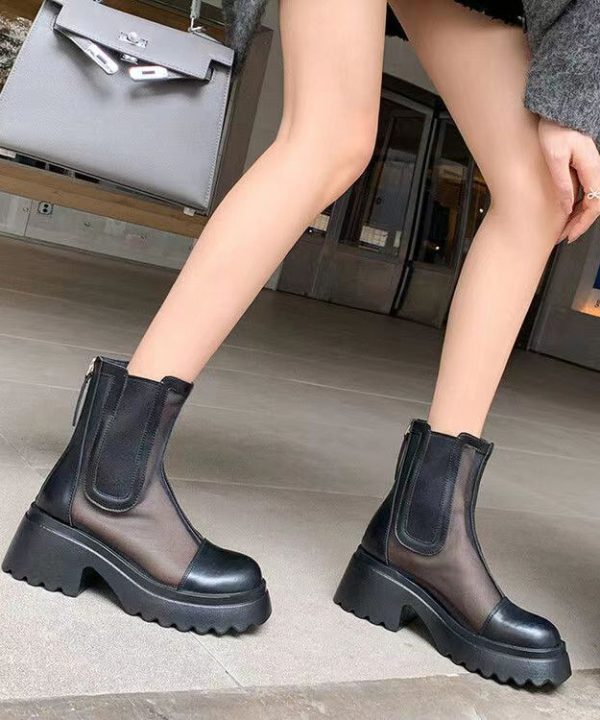 Apricot Stylish Hollow Out Breathable Tulle Splicing Chunky Boots - Image 4