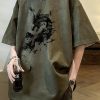 Army Green Print Oversized Faux Suede T Shirts O Neck Summer