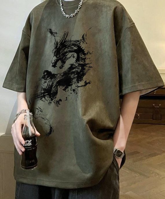 Army Green Print Oversized Faux Suede T Shirts O Neck Summer