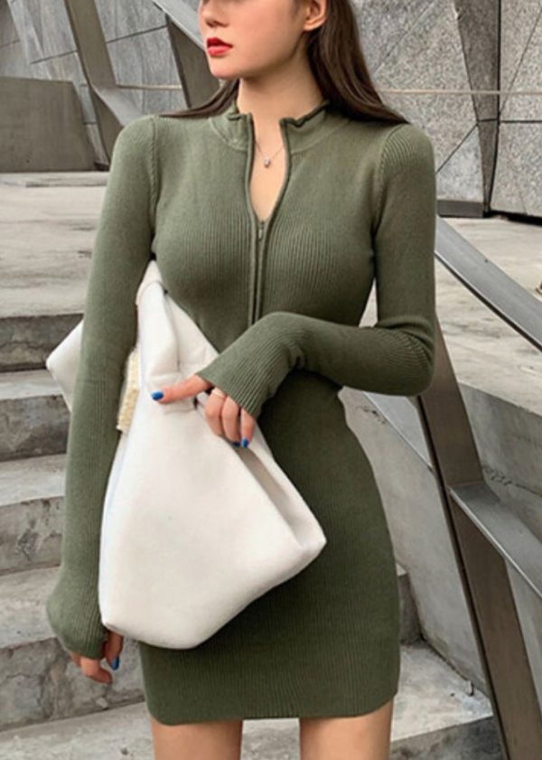 Army Green Solid Knit Sweater Dress Zip Up Spring - Image 3