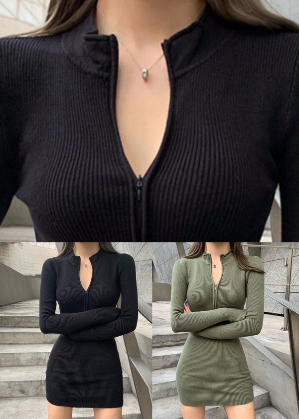 Army Green Solid Knit Sweater Dress Zip Up Spring - Image 5