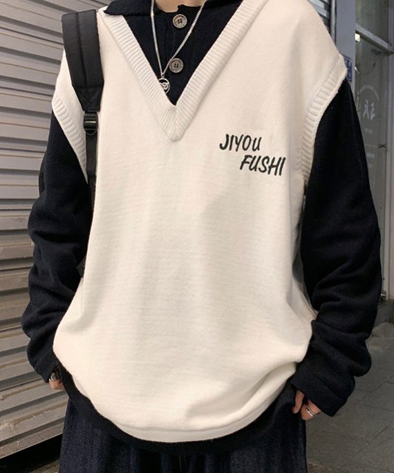 Art Beige Embroideried Cozy Patchwork Knit Men Sweater Spring