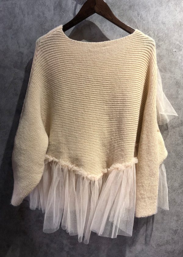 Art Beige O Neck Tulle Patchwork Knit Sweater Spring - Image 2