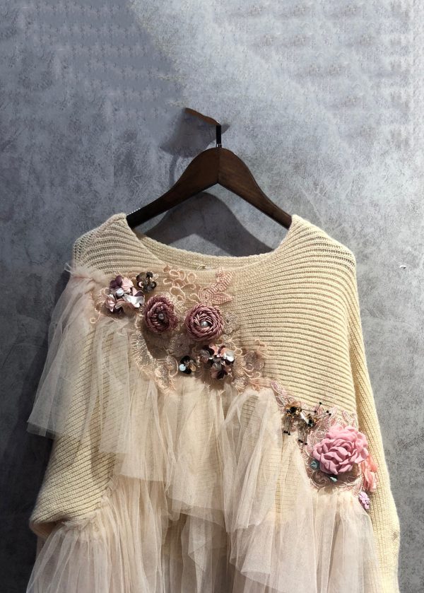 Art Beige O Neck Tulle Patchwork Knit Sweater Spring - Image 3