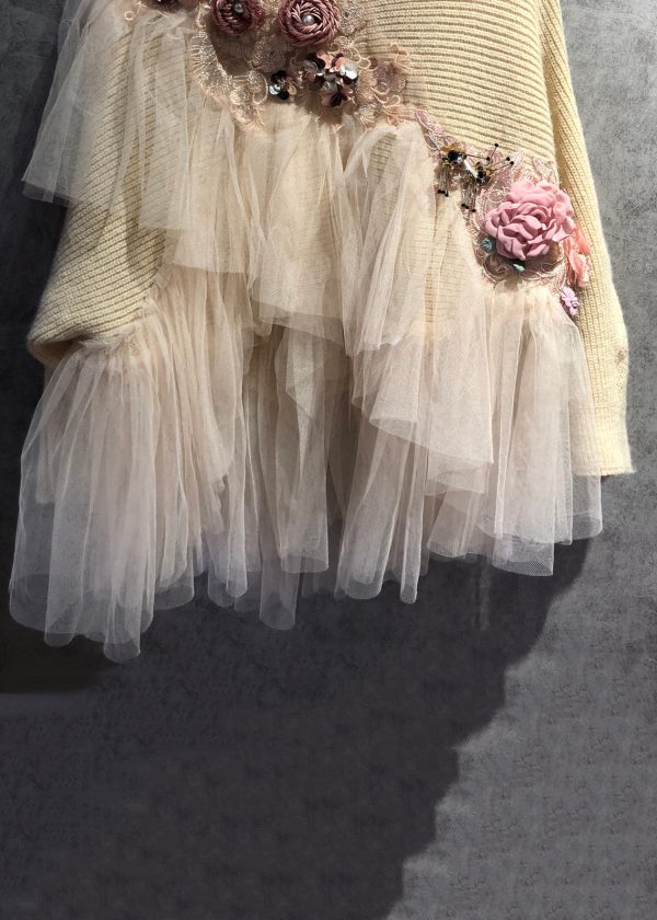 Art Beige O Neck Tulle Patchwork Knit Sweater Spring - Image 4