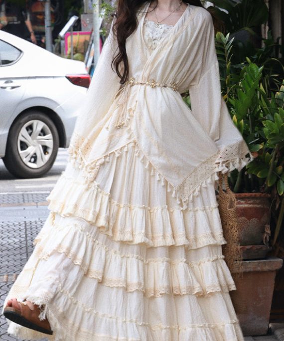 Art Beige V Neck Lace Patchwork Tassel Cardigans Maxi Skirts And Two Piece Set Spring