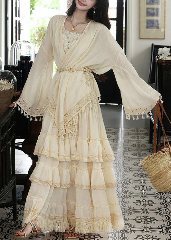 Art Beige V Neck Lace Patchwork Tassel Cardigans Maxi Skirts And Two Piece Set Spring - Image 4