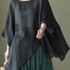 Art Black Asymmetrical Design Embroideried Summer Ramie Shirt Tops