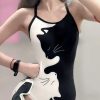 Art Black White Little Cats Print Bodysuit