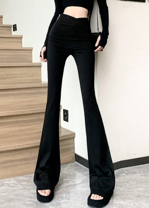 Art Black Zippered Patchwork High Waist Flared Trousers Spring - Image 4