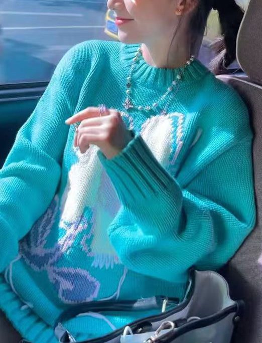 Art Blue O Neck Floral Cozy Knit Sweater Spring