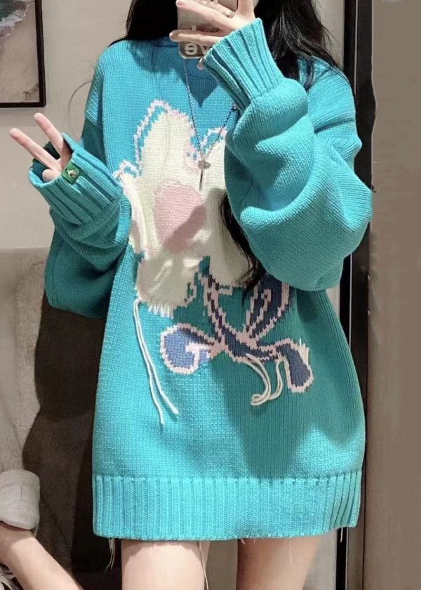 Art Blue O Neck Floral Cozy Knit Sweater Spring - Image 3