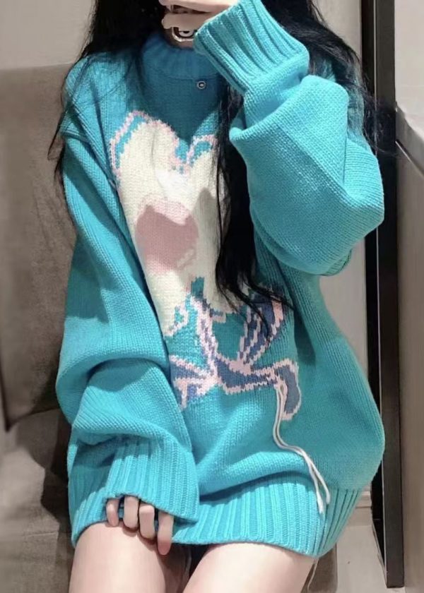 Art Blue O Neck Floral Cozy Knit Sweater Spring - Image 4