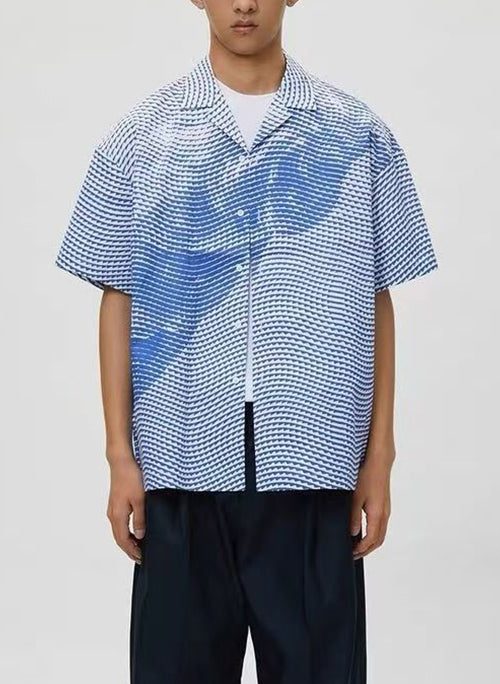 Art Blue Striped Print Cotton Men Shirts Summer