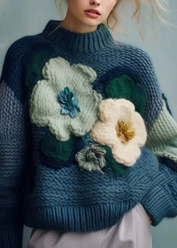 Art Blue Turtleneck Cozy Cotton Knit Top Fall - Image 2