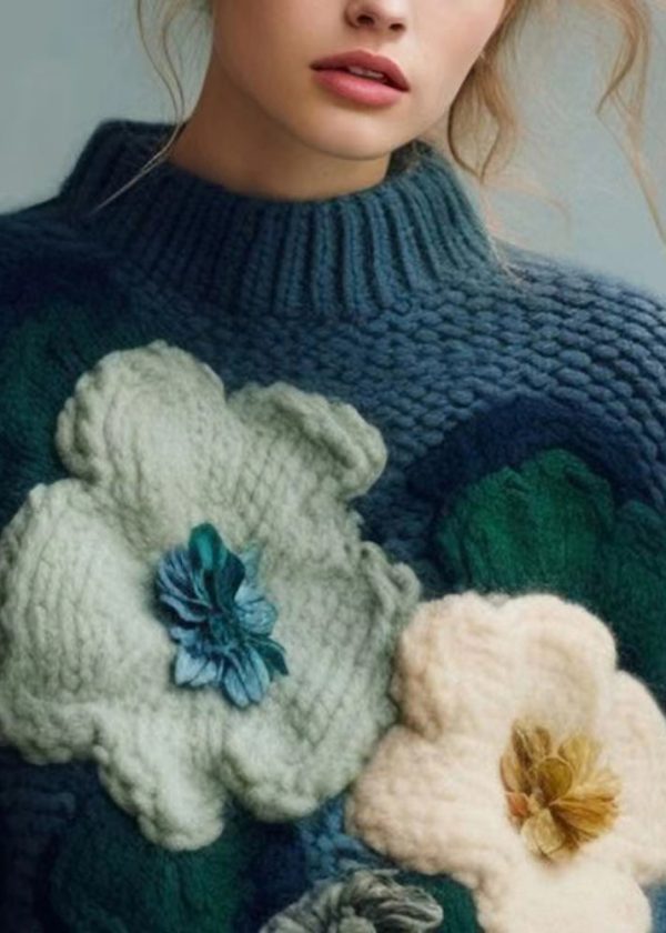 Art Blue Turtleneck Cozy Cotton Knit Top Fall - Image 3
