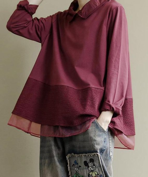 Art Burgundy Patchwork Baggy Shirt Clothes Lapel