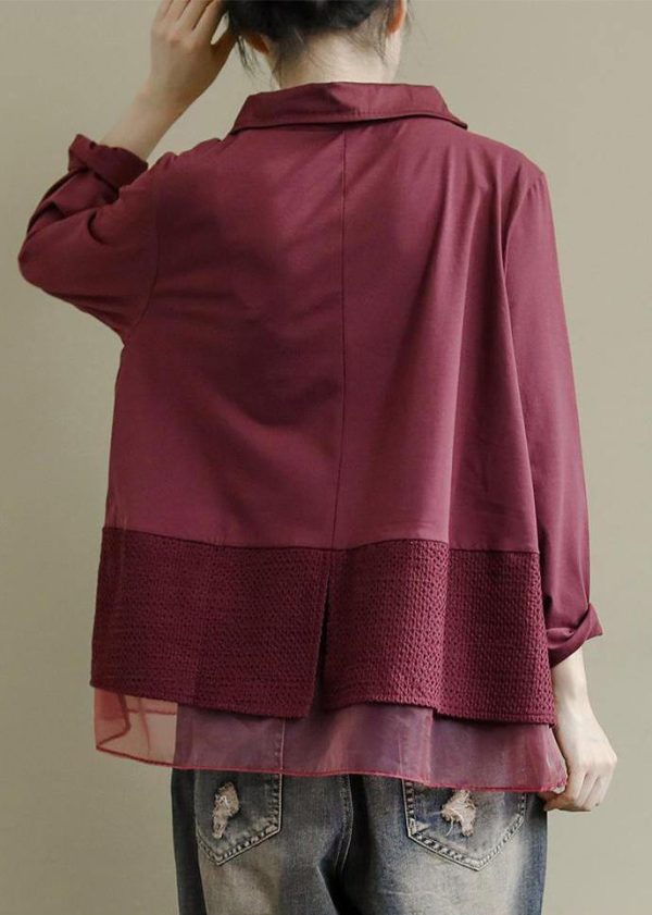 Art Burgundy Patchwork Baggy Shirt Clothes Lapel - Image 4
