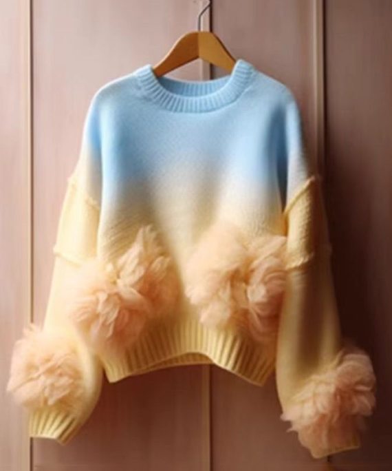 Art Gradient Color O Neck Patchwork Knit Sweater Spring