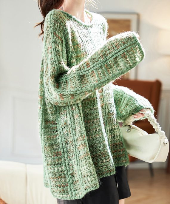 Art Green Cozy Hollow Out Cotton Knit Sweaters Batwing Sleeve