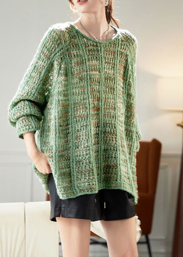 Art Green Cozy Hollow Out Cotton Knit Sweaters Batwing Sleeve - Image 3