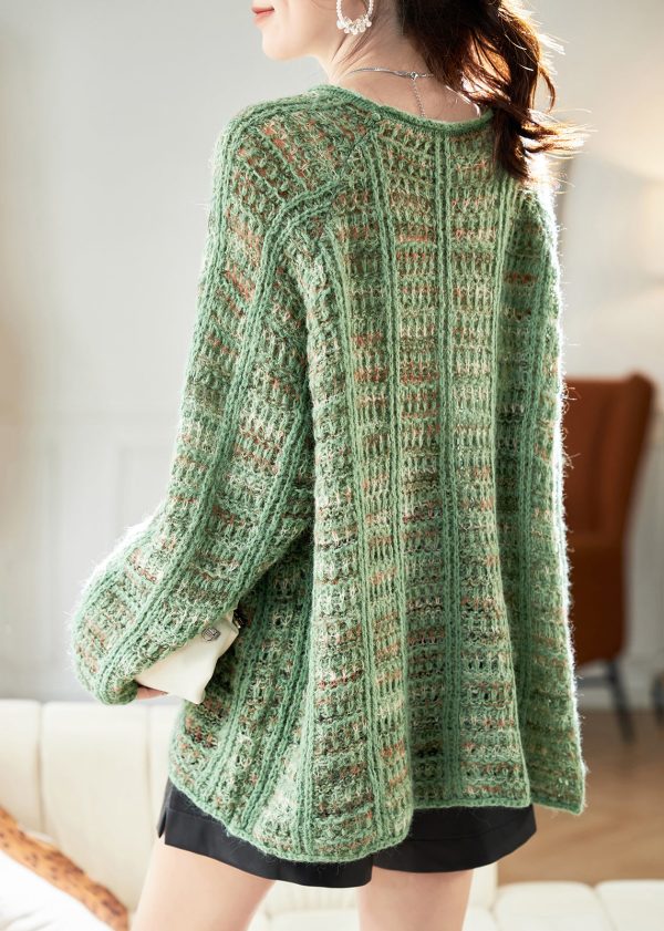 Art Green Cozy Hollow Out Cotton Knit Sweaters Batwing Sleeve - Image 4