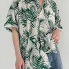 Art Green Print Pockets Cotton Men Shirt Summer