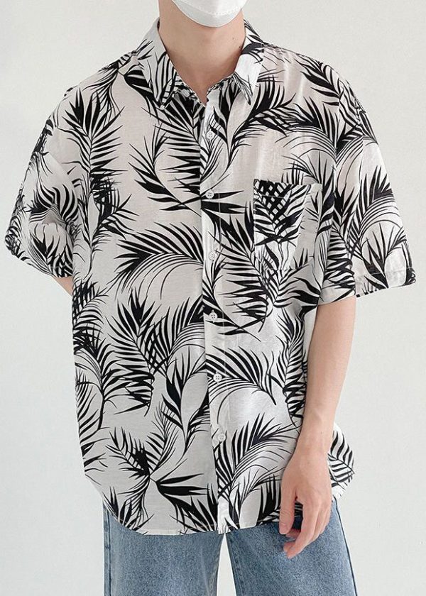 Art Green Print Pockets Cotton Men Shirt Summer - Image 2