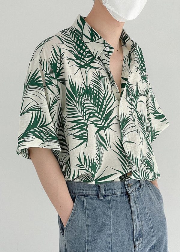 Art Green Print Pockets Cotton Men Shirt Summer - Image 5