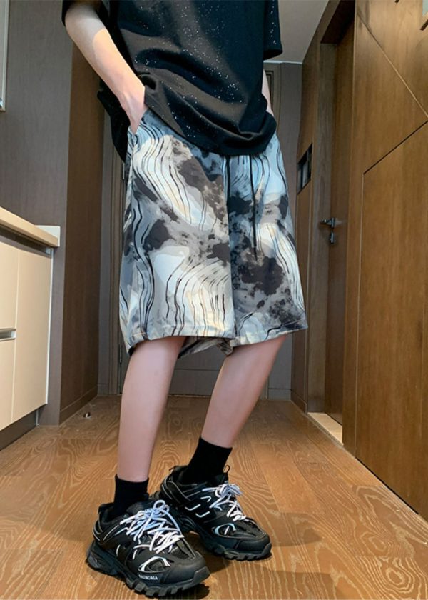 Art Grey Print Pockets Elastic Waist Ice Silk Summer Men Beach Shorts - Image 2