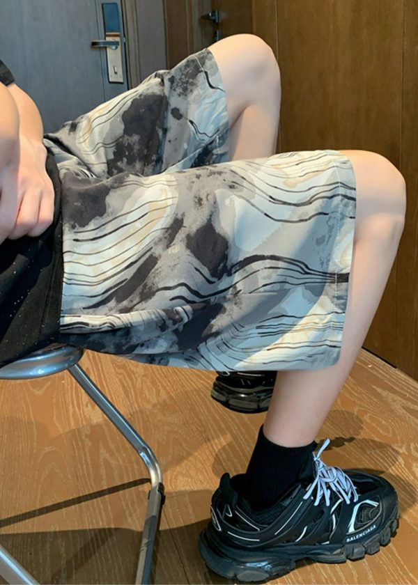 Art Grey Print Pockets Elastic Waist Ice Silk Summer Men Beach Shorts - Image 3