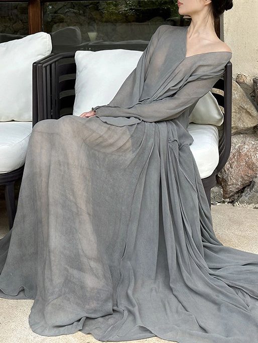 Art Grey V Neck Wrinkled Cotton Maxi Dresses Long Sleeve