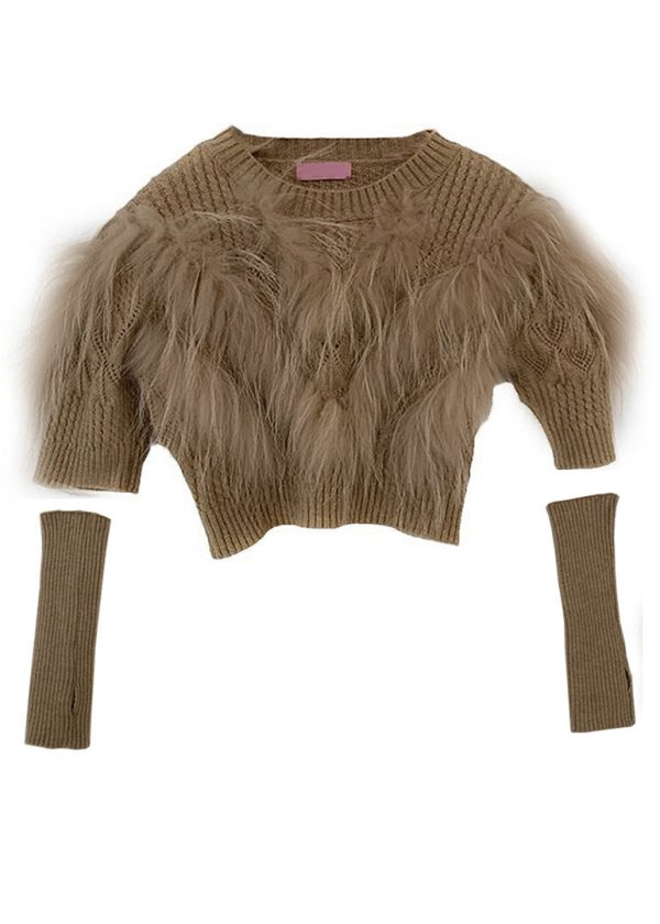 Art Khaki Leather And Fur Patchwork Knit Sweaters Winter - Image 5