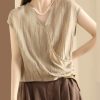 Art Khaki V Neck Wrinkled Cotton T Shirt Sleeveless