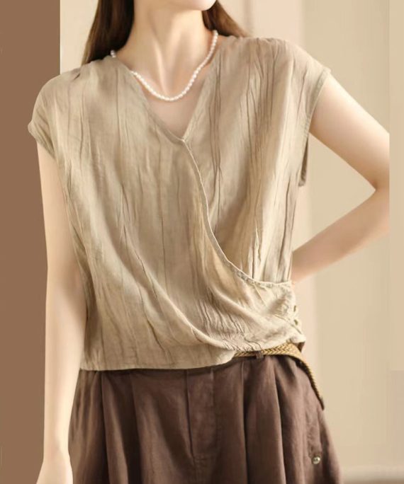 Art Khaki V Neck Wrinkled Cotton T Shirt Sleeveless