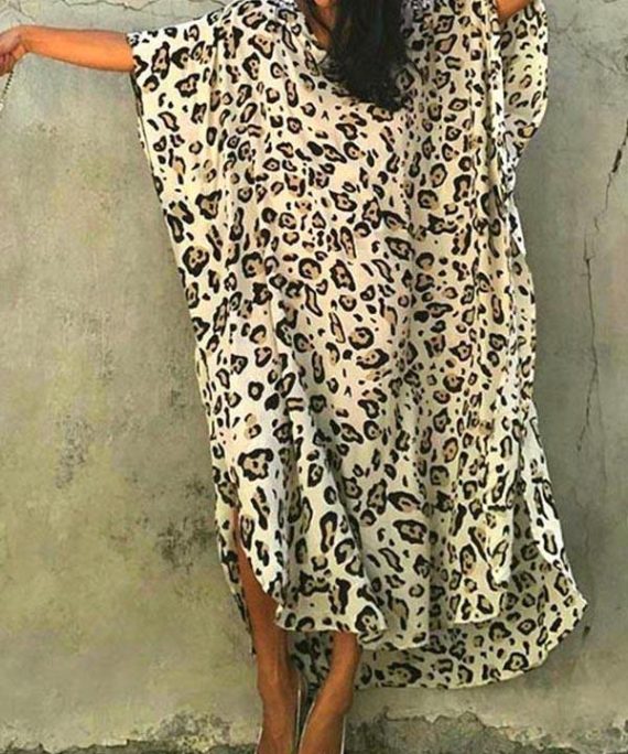 Art Leopard tie waist Cotton Dress Summer Beach Gown